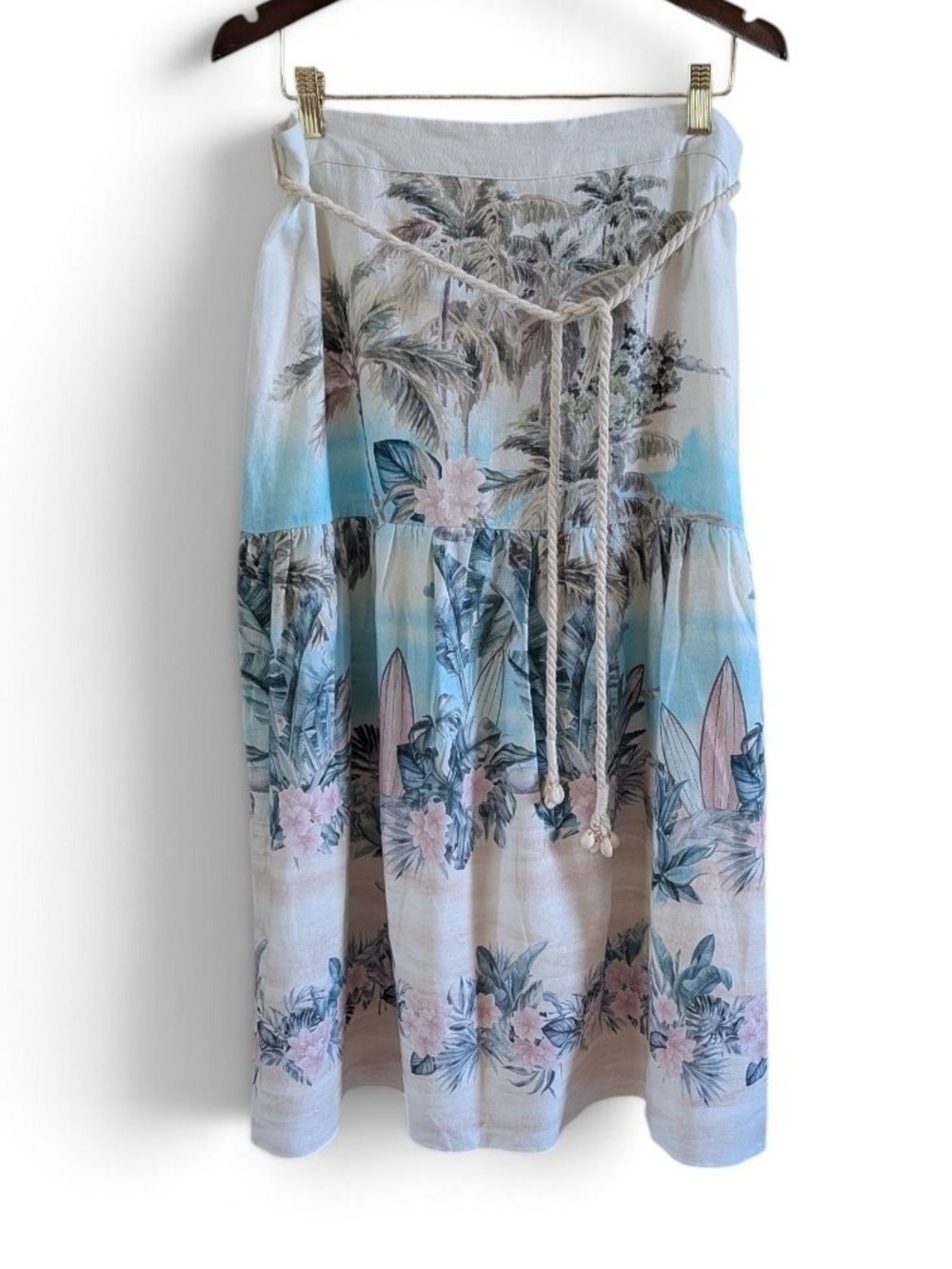 Joie Linen Blend Tropical Palm Tree Print Midi Lined Skirt Casual Resort